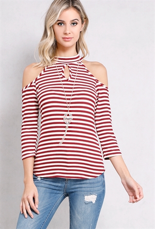 Open-Shoulder Striped Tee W/Necklace
