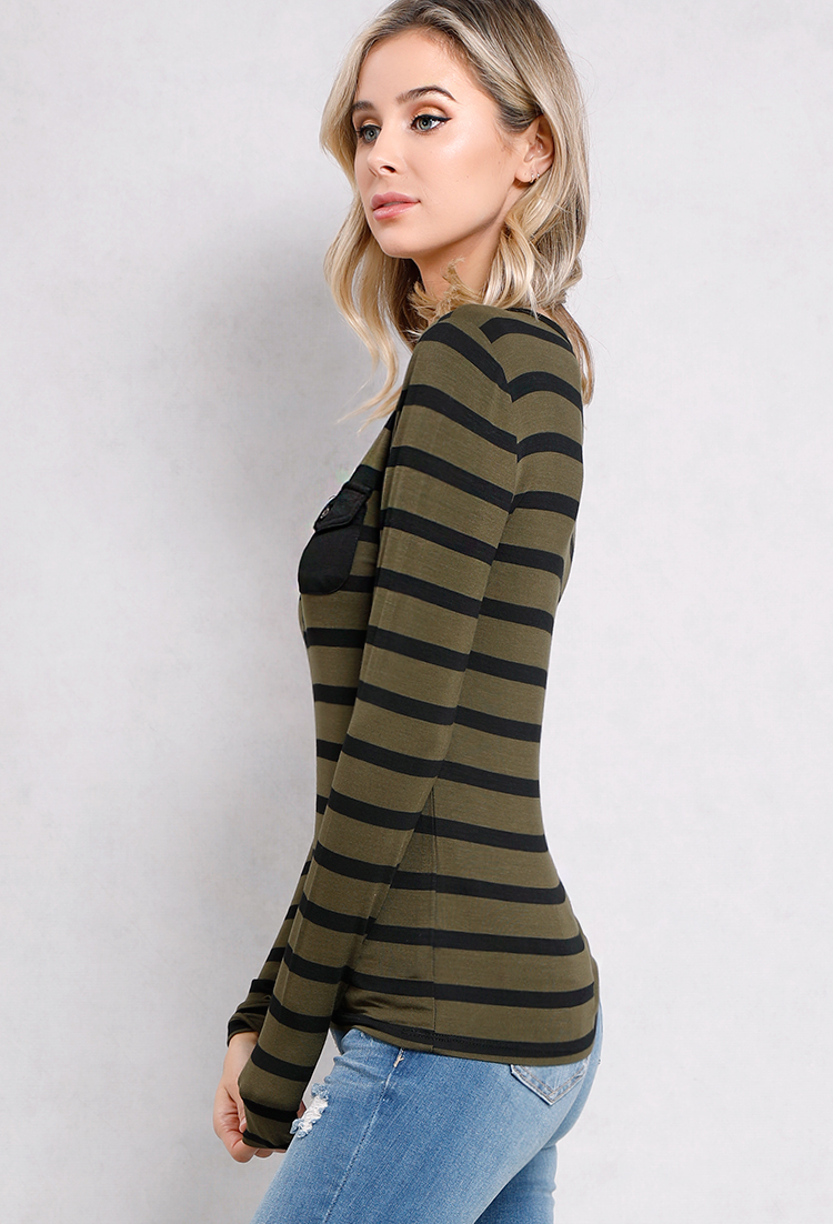 Pocket Detailed Striped Tee