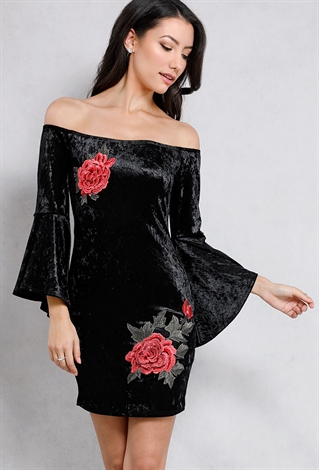 Off-The-Shoulder Velvet Floral Applique Dress