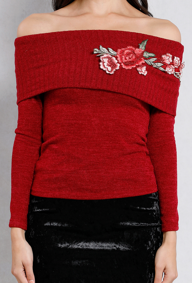 Floral Applique Off-The-Shoulder Knit Top