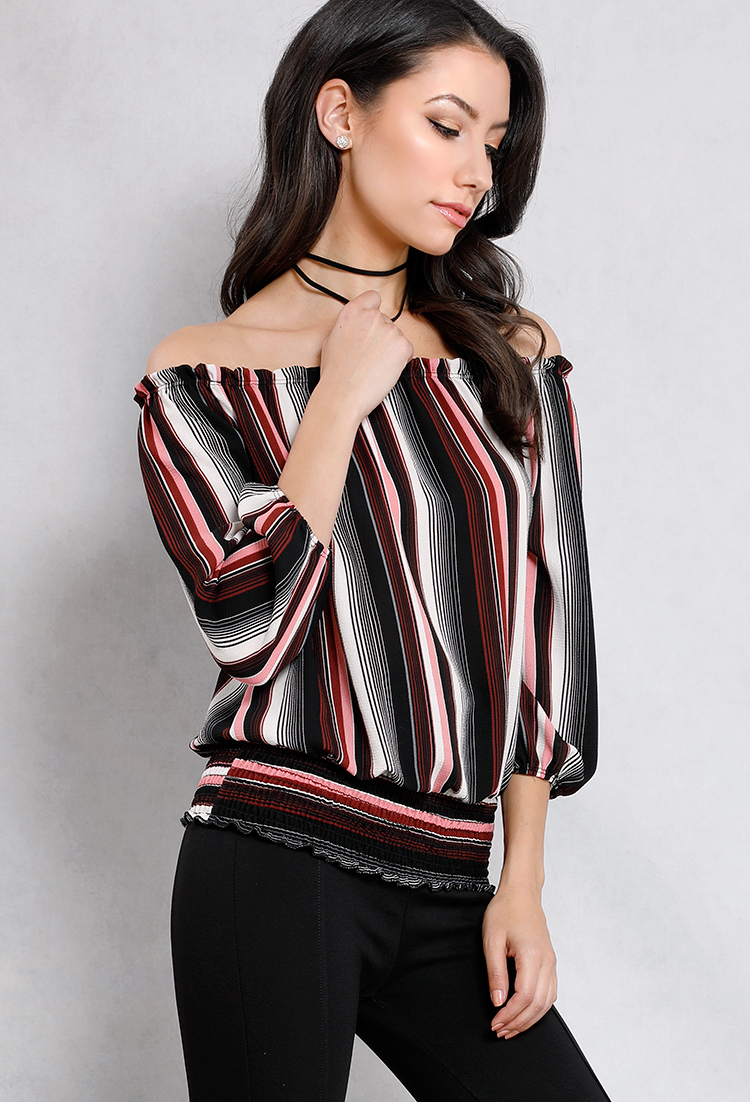 Striped Off-The-Shoulder Top W/ Necklace