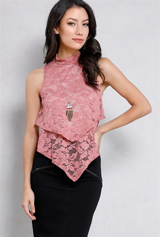 Floral Lace Layered Sleeveless Top W/Necklace