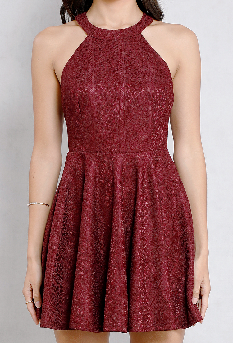 Floral Lace Halter Neck Fit And Flare Dress