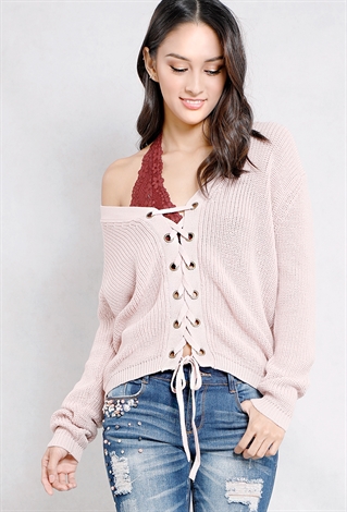 Lace-Up Front Knit Sweater