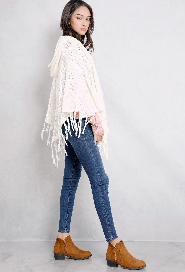 Fringed Open-Front Knit Hood Cardigan