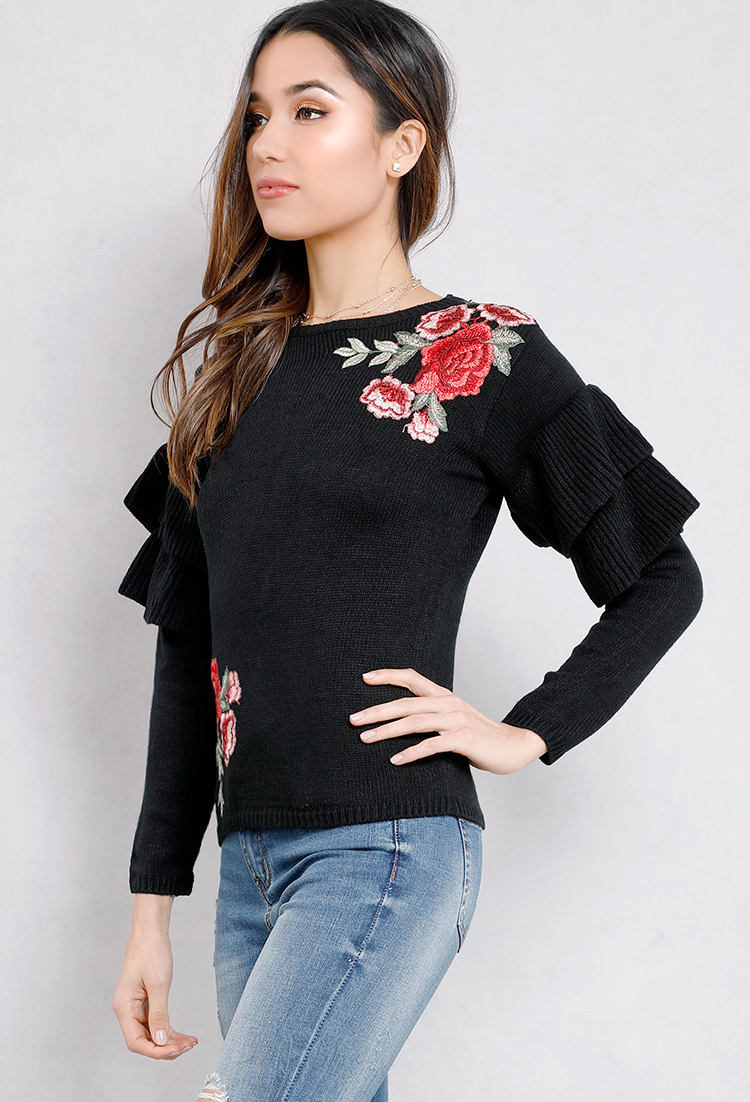 Ruffled Floral Applique Knit Top