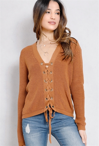 Lace-Up Front Knit Sweater