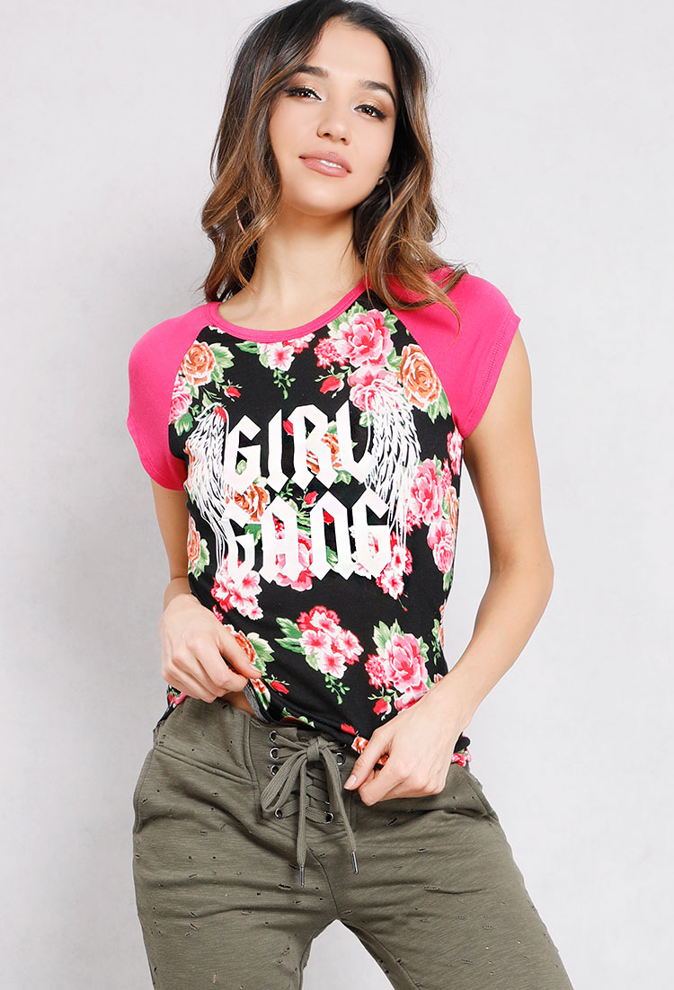 GIRL GANG Graphic Floral Contrast Top