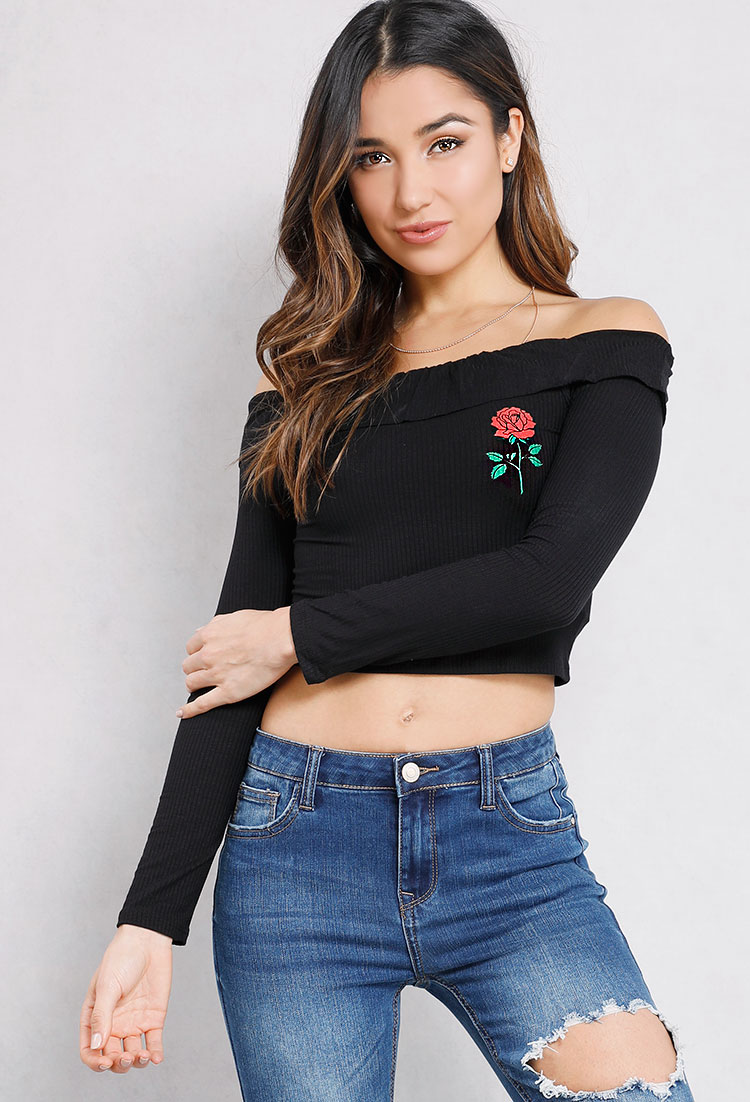 Off-The-Shoulder Ribbed Rose Graphic Detail Crop Top 