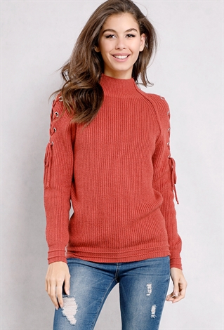 Lace-Up Open-Shoulder Knit Sweater