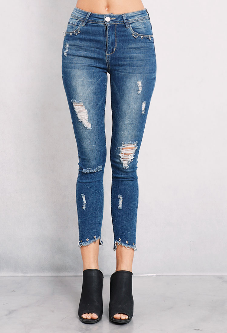 Distressed Hoop-Trim Cropped Skinny Jeans