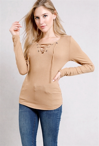 Ribbed Lace-Up Front Top