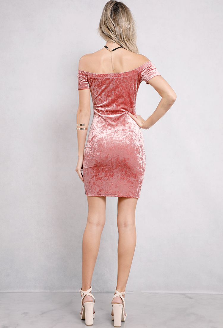 Cruched Velvet Off-The-Shoulder Ruched Dress