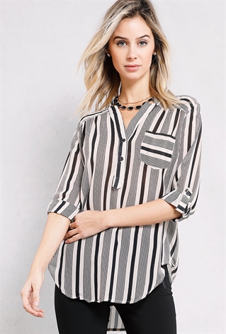 Striped Pocketed Button-Up Top