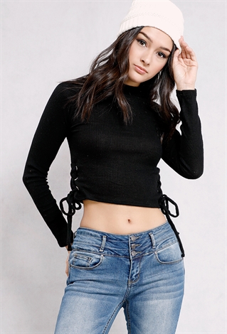 Ribbed Lace-Up Side Knit Crop Top