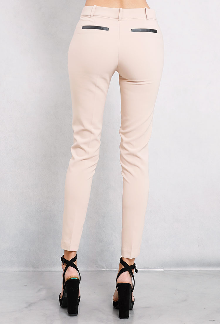Skinny Leather-Trim Pocket Dress Pants