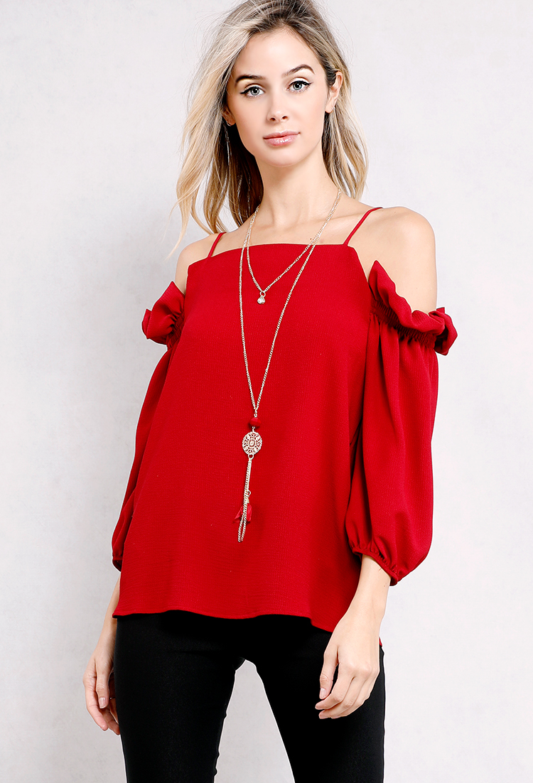 Open-Shoulder Ruffled Blouse W/Necklace