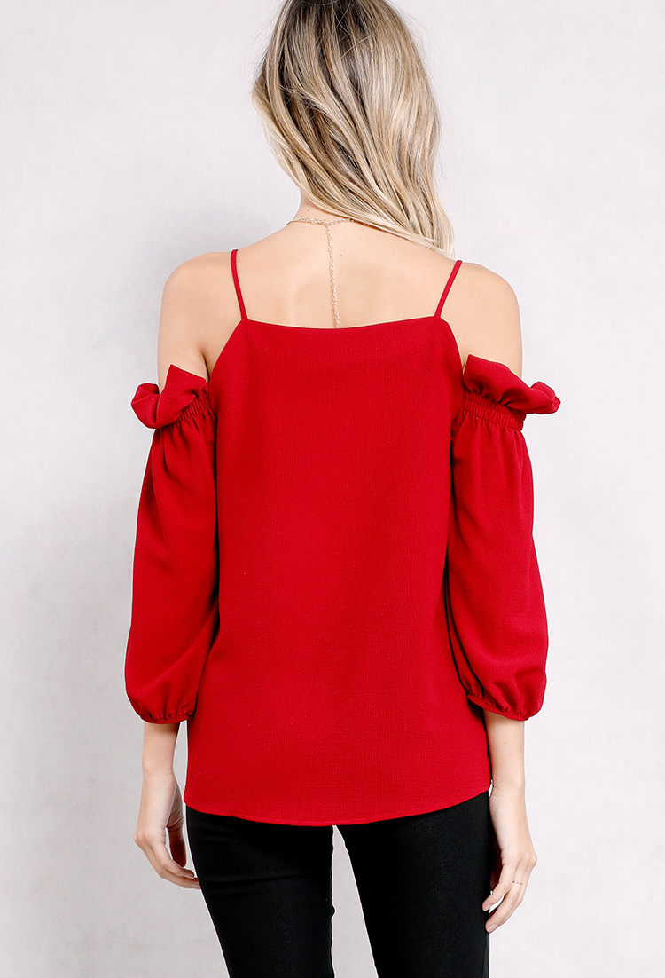 Open-Shoulder Ruffled Blouse W/Necklace