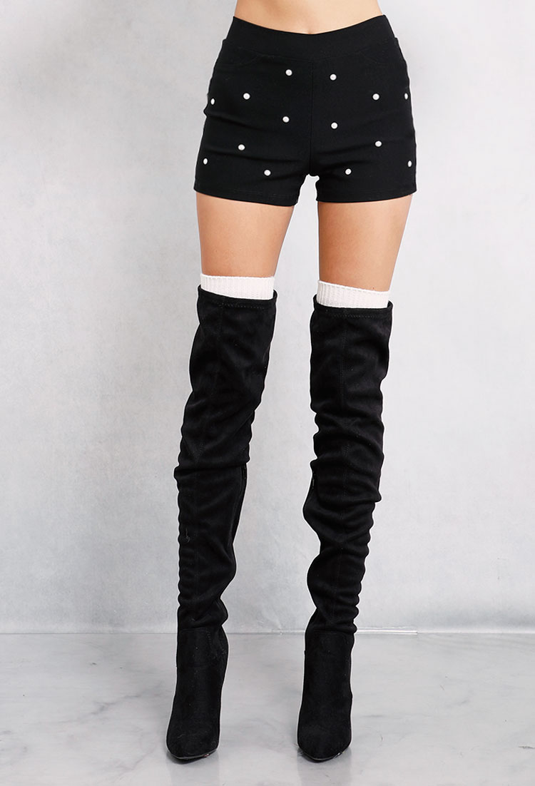 High-Waisted Pearl Studded Shorts