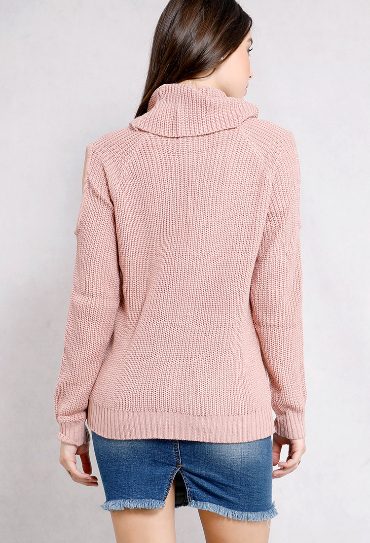 Open-Shoulder Turtle Neck Cable Knit Sweater