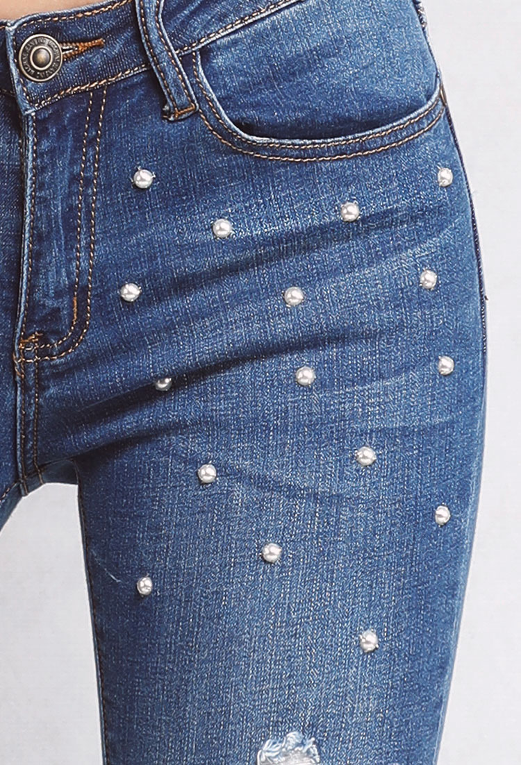 Distressed Pearl Embellished Skinny Jeans