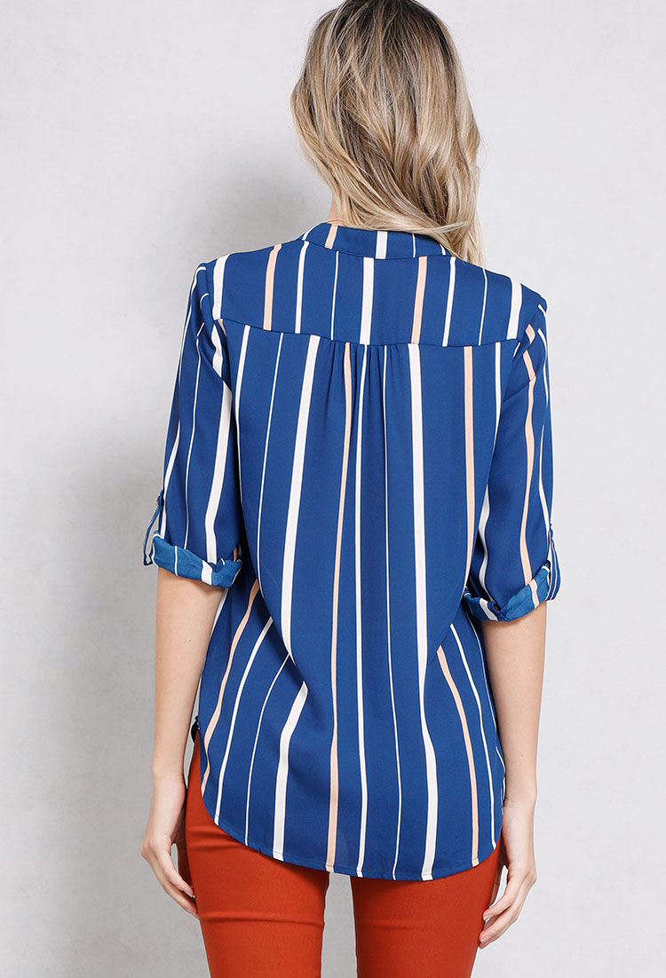 Colorblock Striped Detail Button Up Top