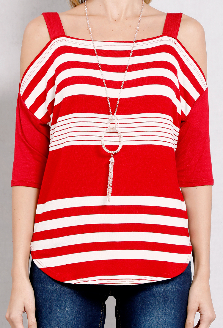 Open-Shoulder Striped Tee W/Necklace