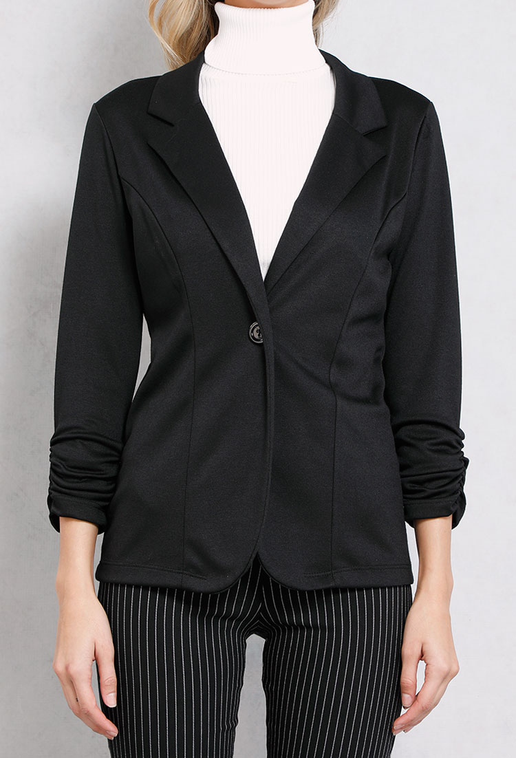 Ruched-Sleeve Single-Buttoned Blazer