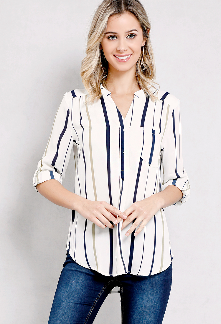 Colorblock Striped Detail Button Up Top
