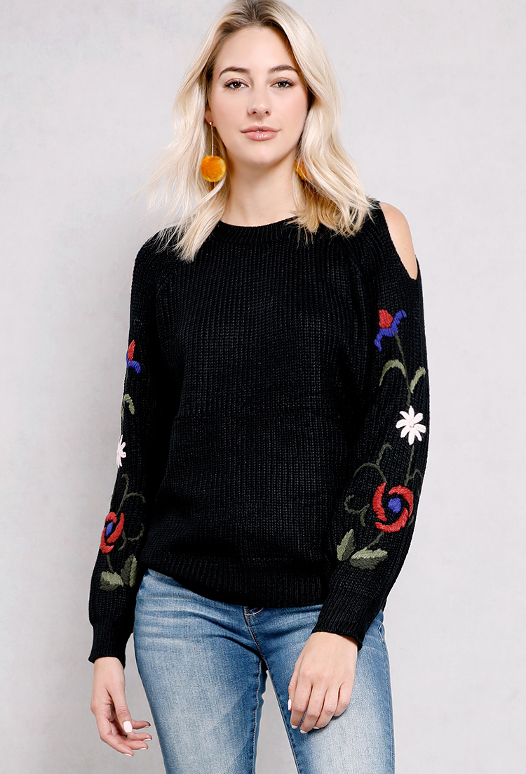 Embroidered Open-Shoulder Sweater