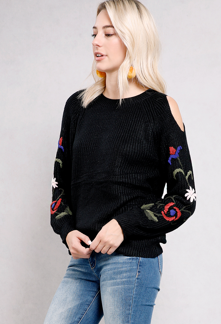 Embroidered Open-Shoulder Sweater