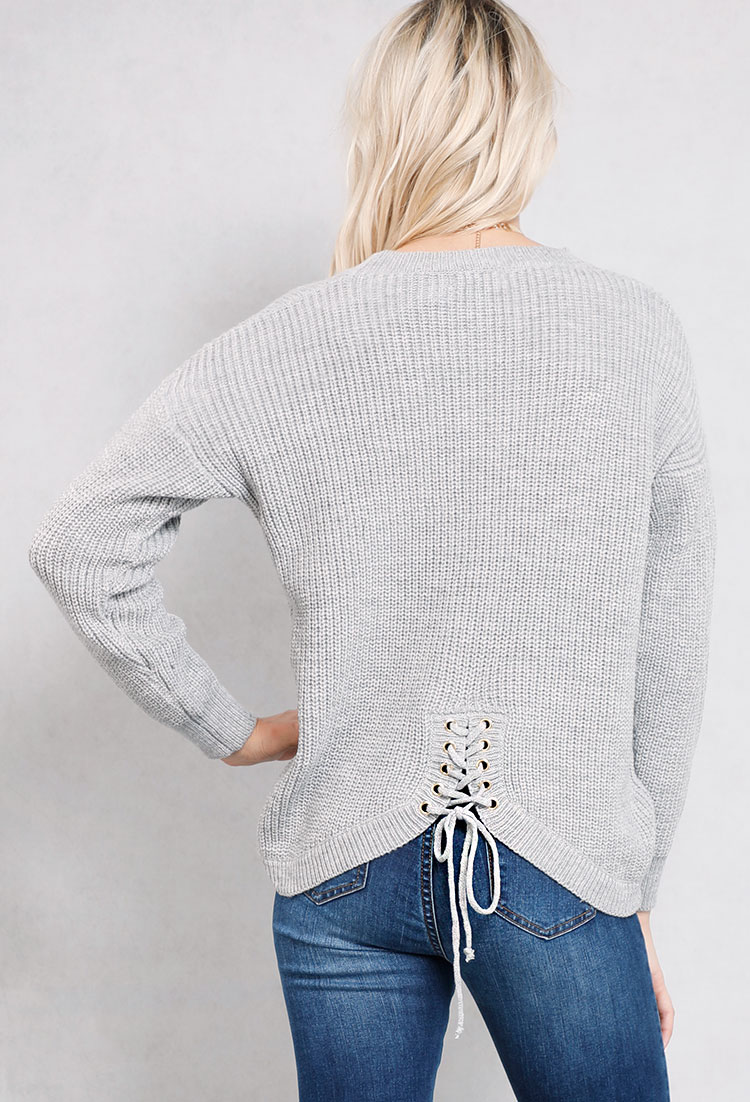 Embroidered Lace-Up Detail Sweater