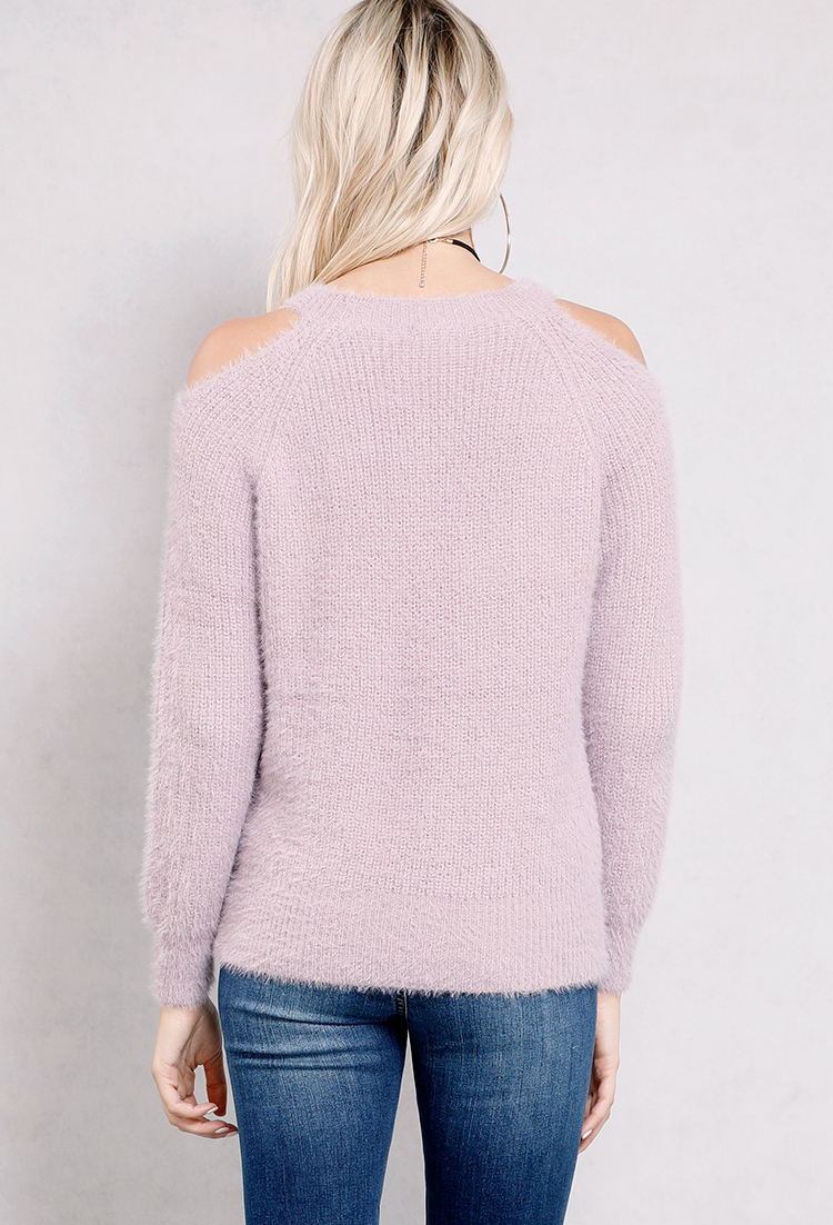 Open-Shoulder Fuzzy Knit Sweater 