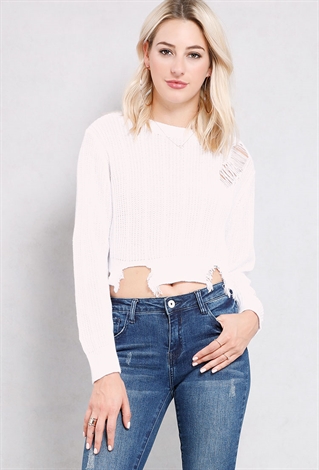 Distressed Open-Knit Cropped  Top