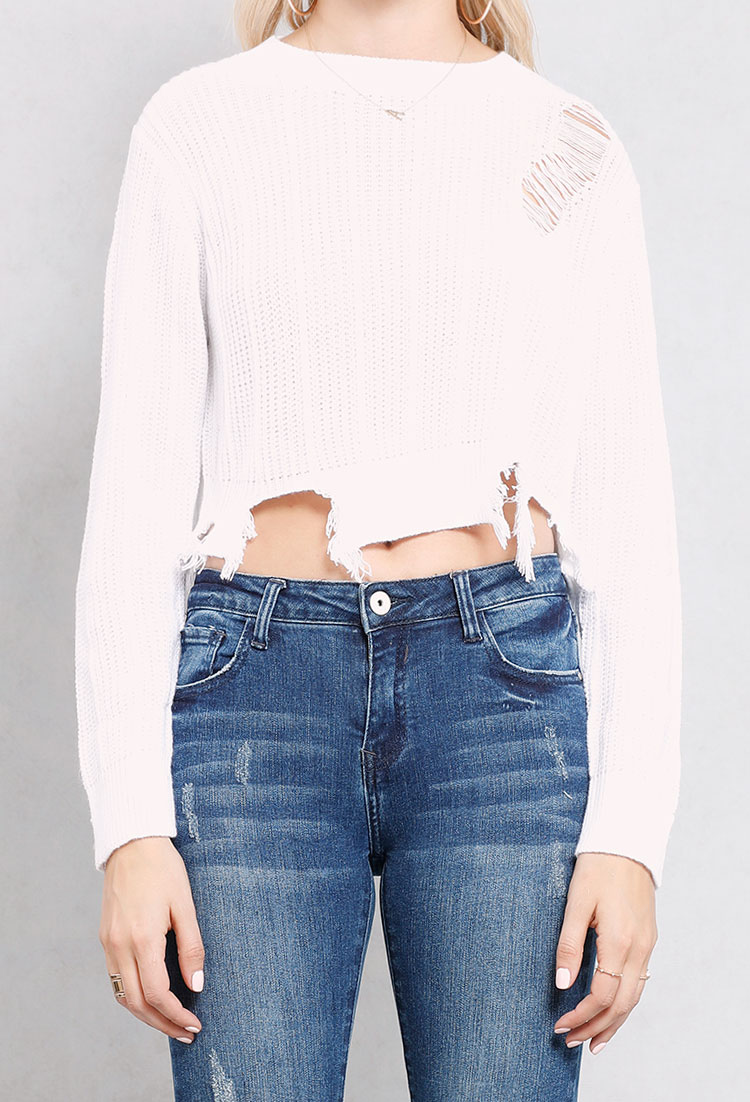 Distressed Open-Knit Cropped  Top