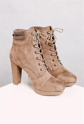 Faux Suede Lace-Up Boots Heel
