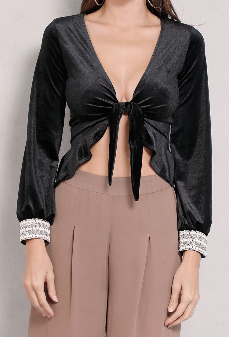 Velvet Embellished Cuff Self-Tie Cropped Top