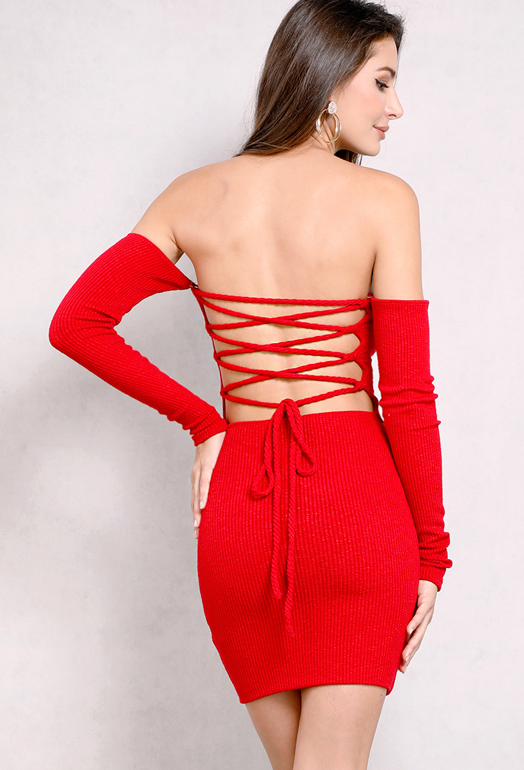Ribbed Off-The-Shoulder Lace-Up Back Knit Dress