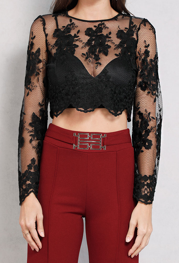 Sheer Floral Applique Lace Cropped Top