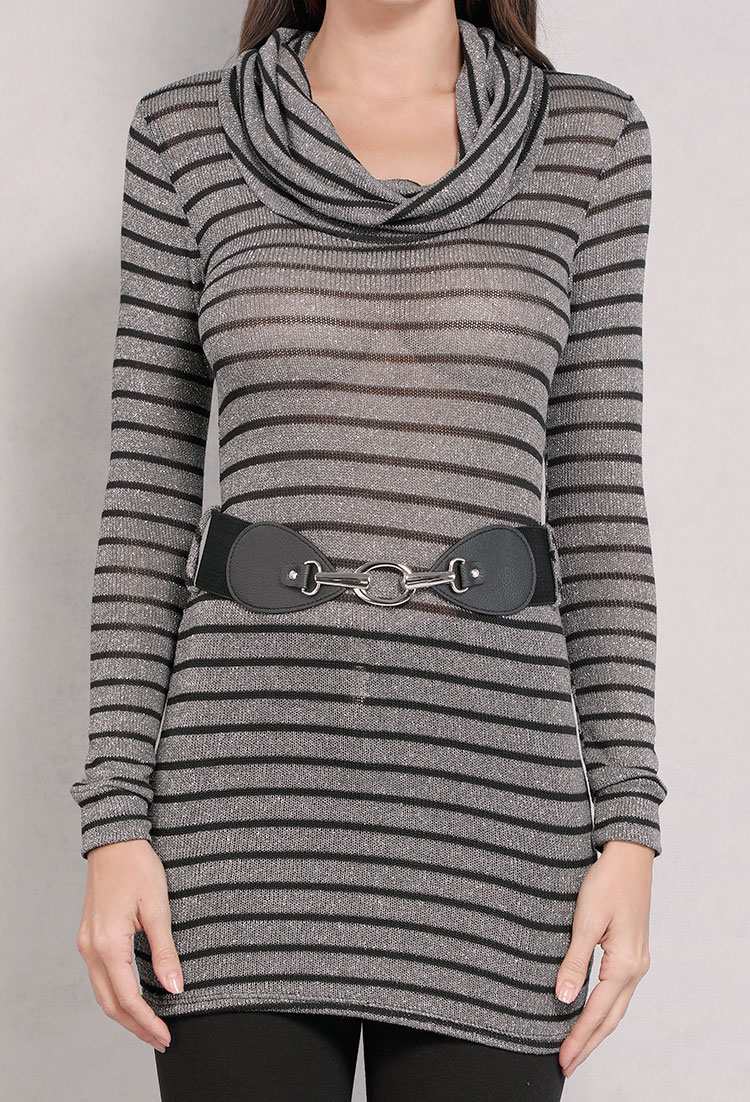 Belted Striped Cowl-Neck Sweater
