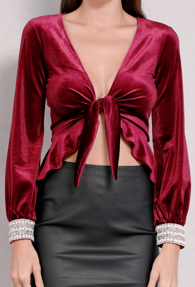 Velvet Embellished Cuff Self-Tie Cropped Top