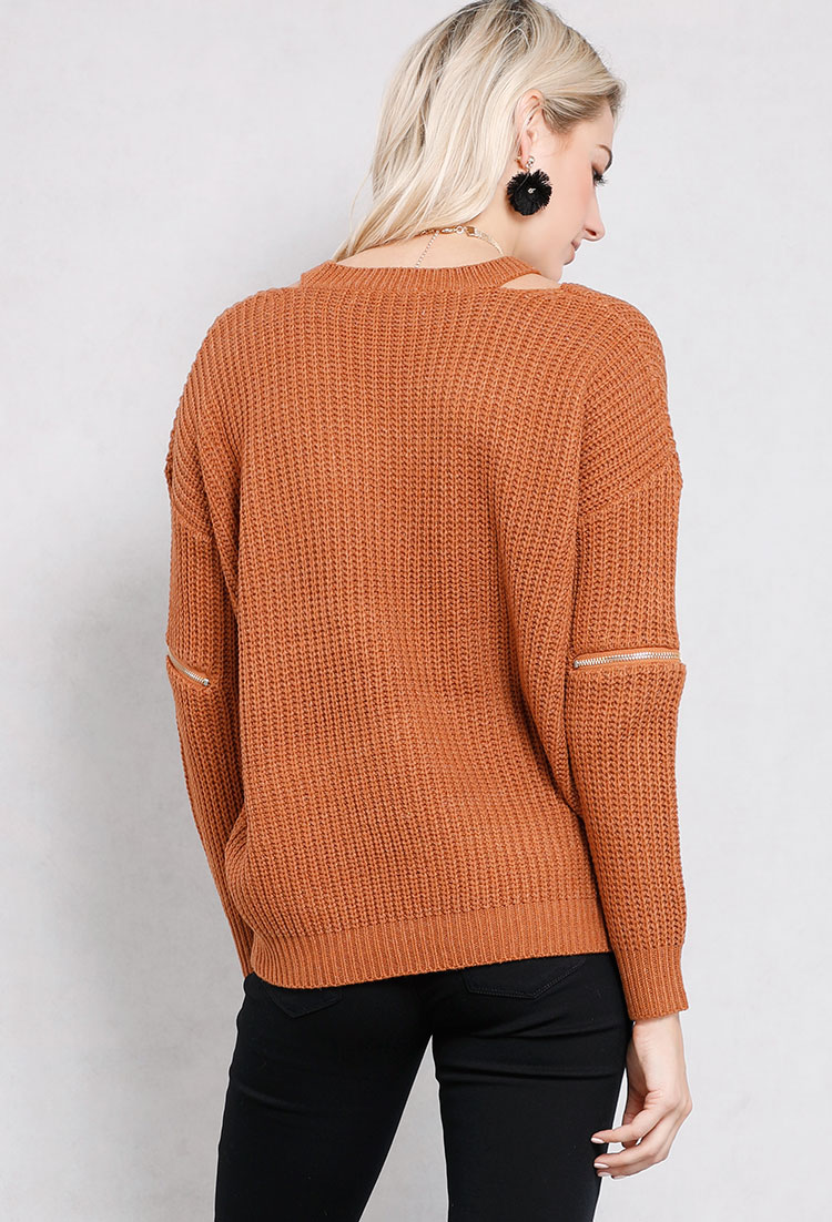 Zipper Detailed Cut-Out Knit Sweater