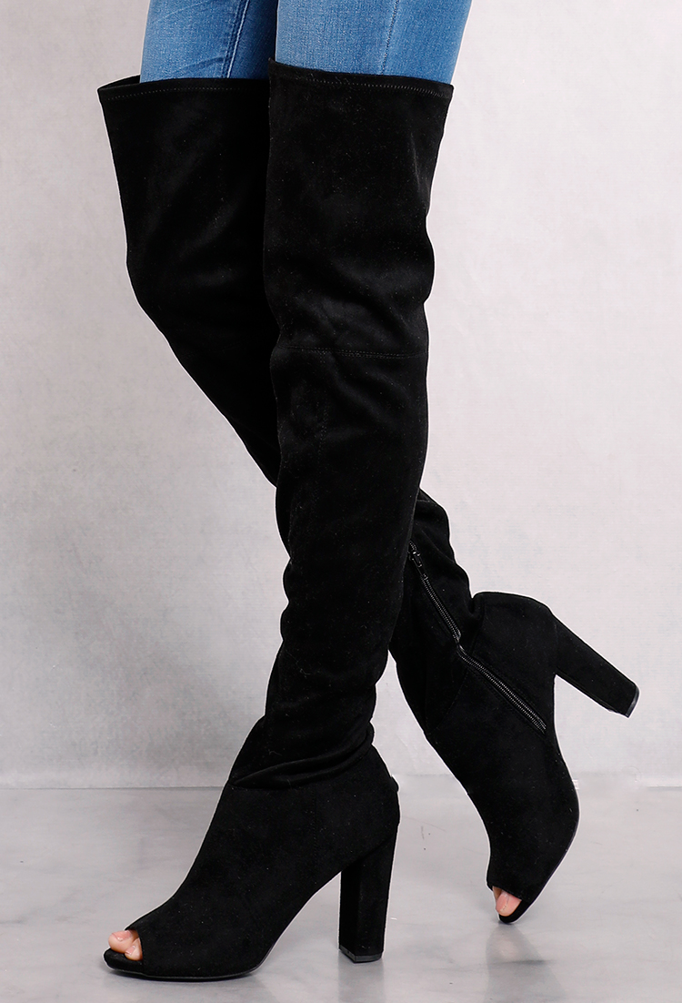 Faux Suede Cutout Thigh-High Boots