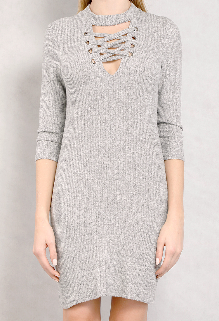 Lace-Up Ribbed Sweater Dress