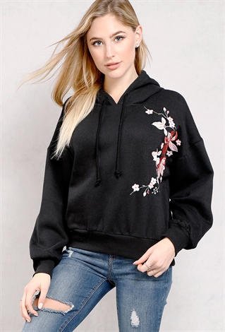 Floral Embroidered Fleece Hoodie