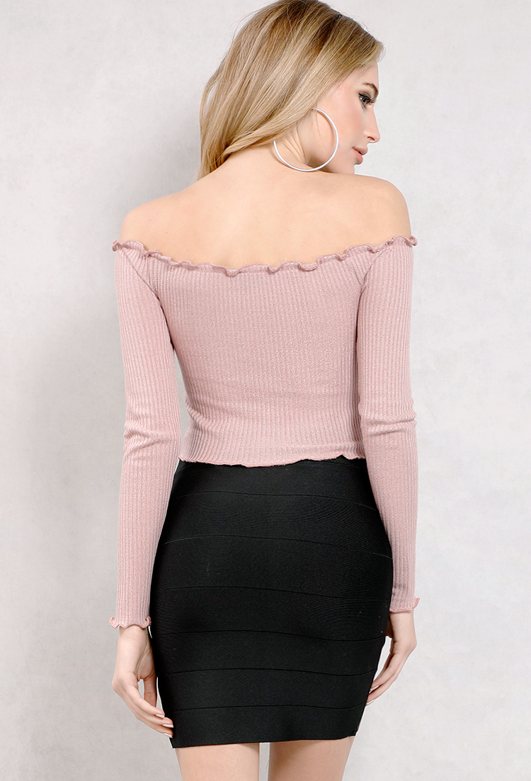 Off-The-Shoulder Ribbed Lettuce-Cut Cropped Top