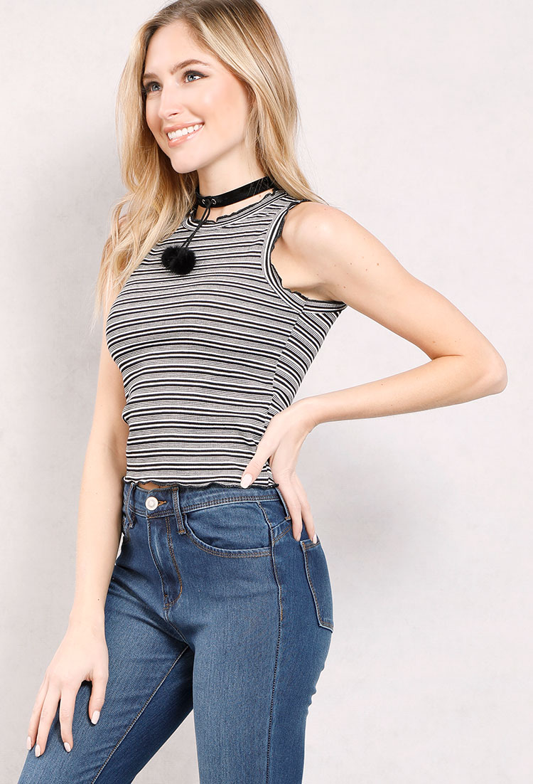 Sleeveless Striped Crop Top W/Necklace