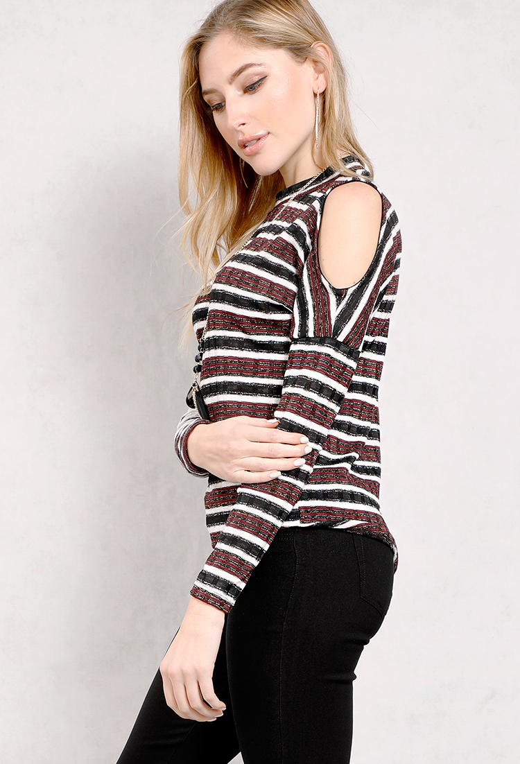 Striped Mock Neck Sweater W/Necklace