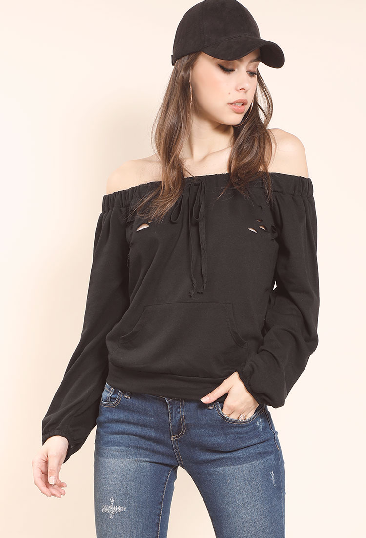 Distressed Off-The-Shoulder Sweater