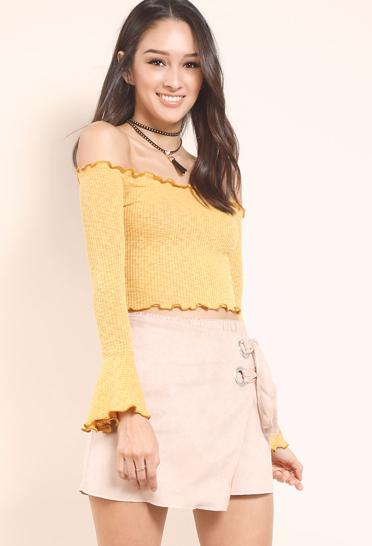 Ribbed Off-The-Shoulder Bell-Sleeve Crop Top W/Necklace